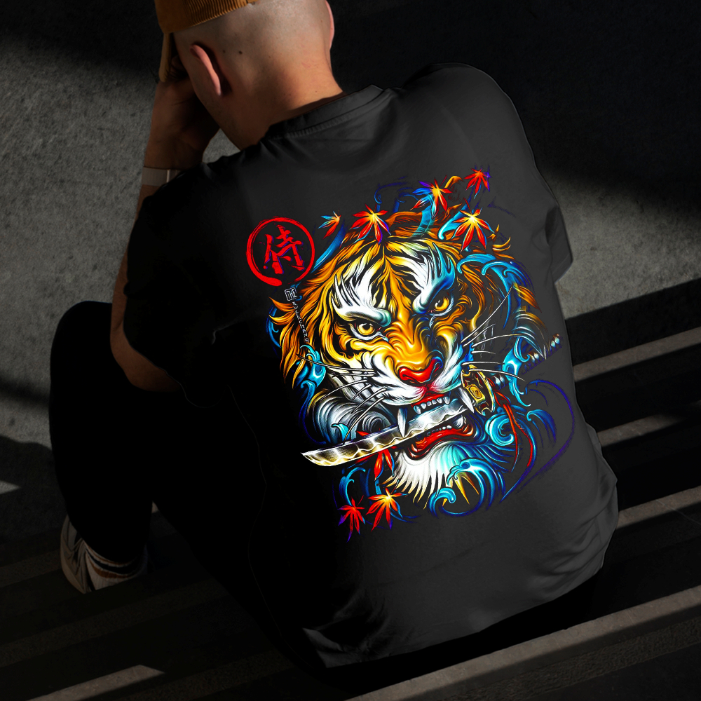 Camiseta Masculina Estampada Tigre com Espada 100% Algodão Estilo Conforto Diário Do Tamanho P ao GG