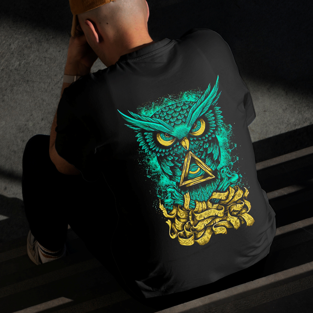 Camiseta Masculina Estampada Coruja Misteriosa 100% Algodão Estilo Conforto Diário Do Tamanho P ao GG