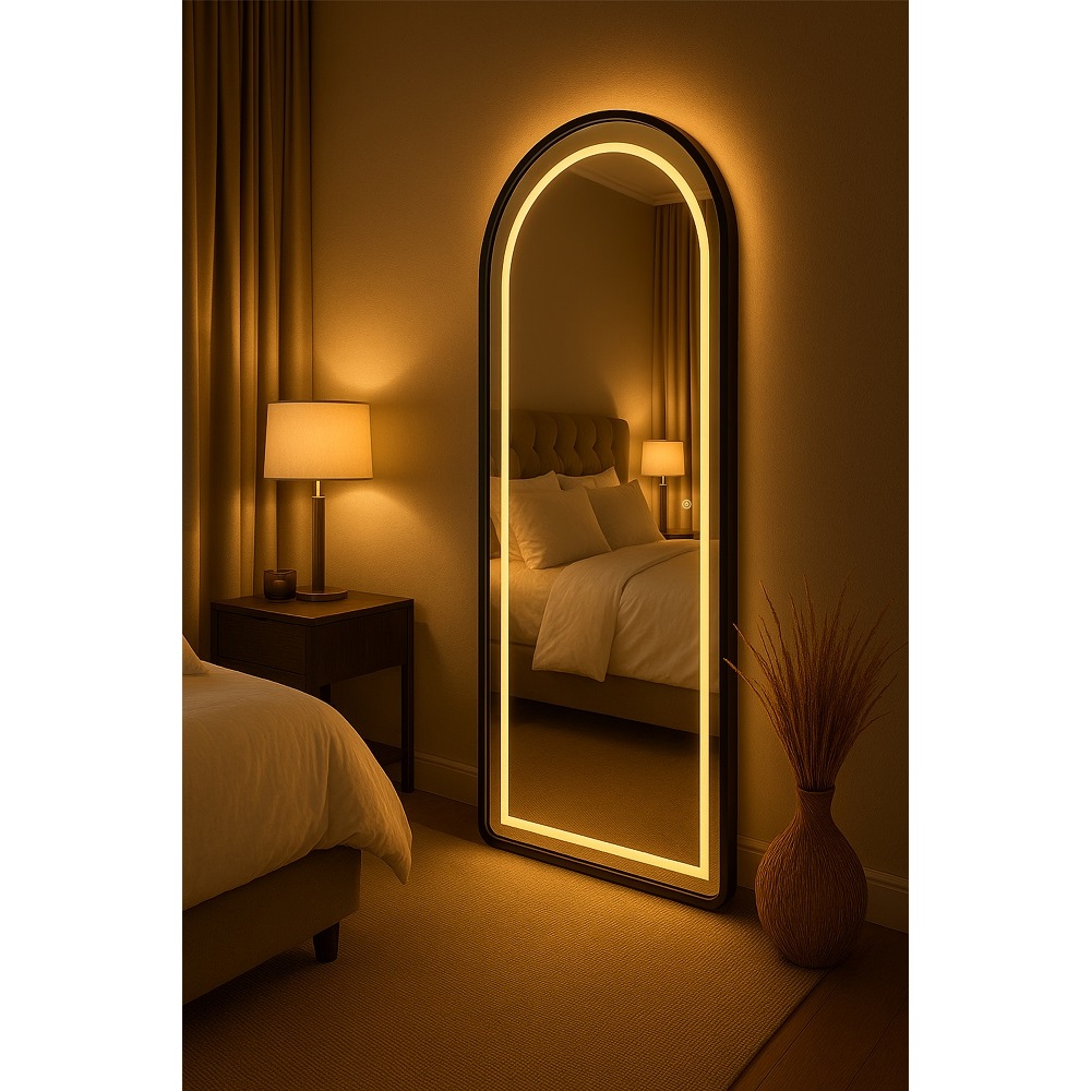 Espelho Base Reta150cm Moldura Metal Com Led Jateado Touch Bivolt Quarto 3 Tons 3000K 4000k 6000k 240 Lúmens Luxo