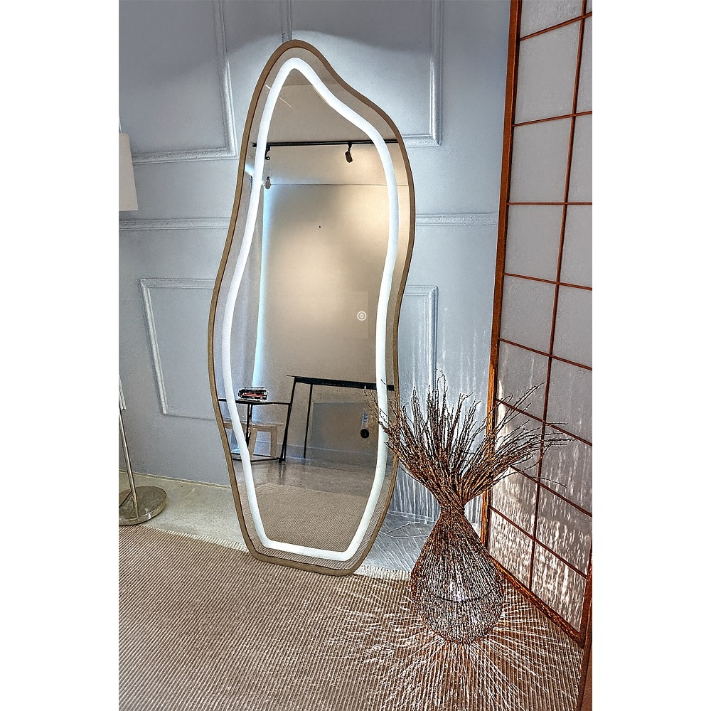 Espelho Flame 150cm Moldura Metal Com Led Jateado Touch Bivolt Quarto 3 Tons 3000K 4000k 6000k 240 Lúmens Luxo