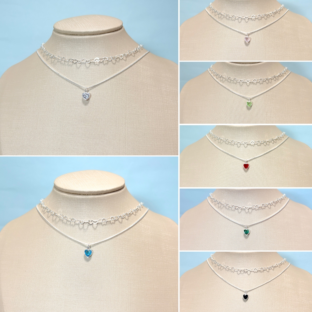 Kit 2 elegantes colares em formato de coração para mulheres com pingentes de zircônias coloridas, banhados a prata 925 em Oferta na Shopee