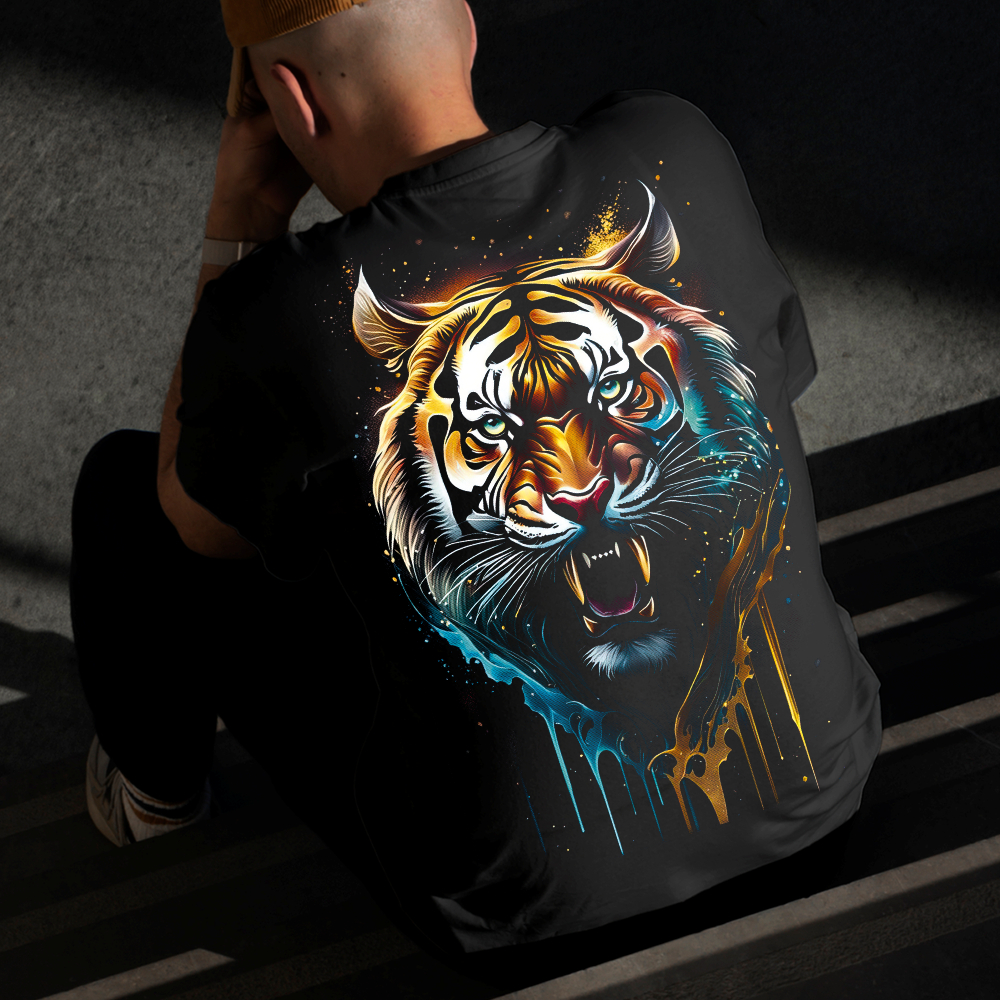 Camiseta Masculina Estampada Tigre Derretendo 100% Algodão Estilo Conforto Diário Do Tamanho P ao GG