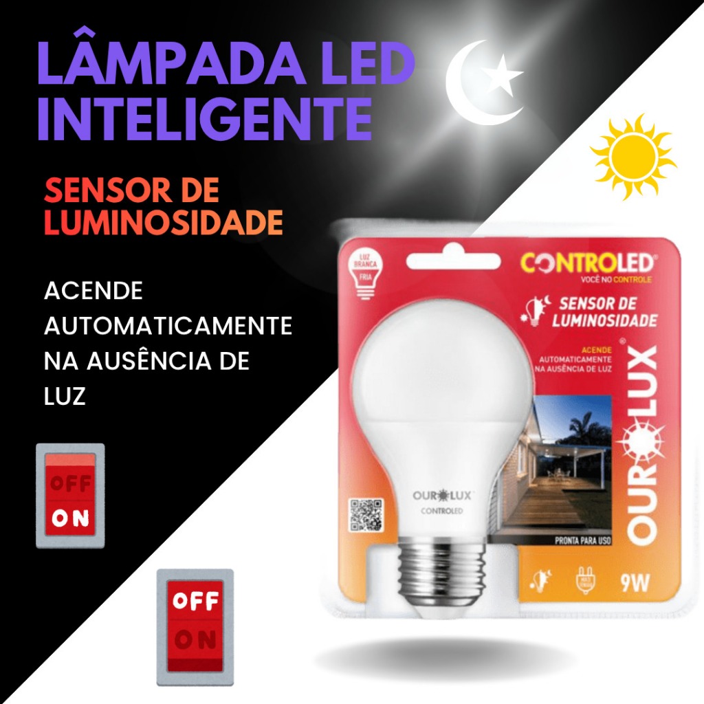 Lâmpada com Sensor de Luminosidade CONTROLED Ourolux 9W Luz Branca Fria 6500k BIVOLT