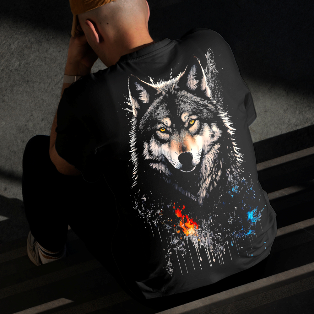 Camiseta Masculina Estampada Lobo Elemental 100% Algodão Estilo Conforto Diário Do Tamanho P ao GG