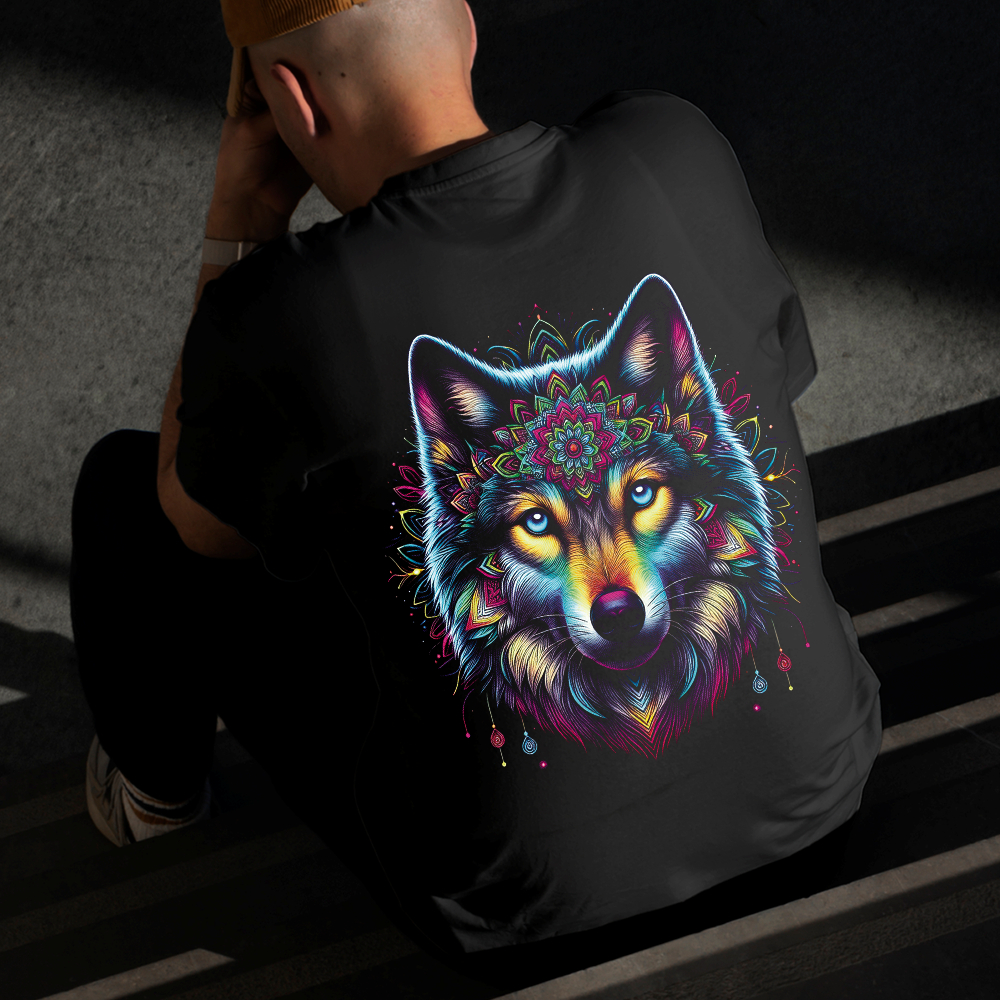 Camiseta Masculina Estampada Lobo Espiritual 100% Algodão Estilo Conforto Diário Do Tamanho P ao GG