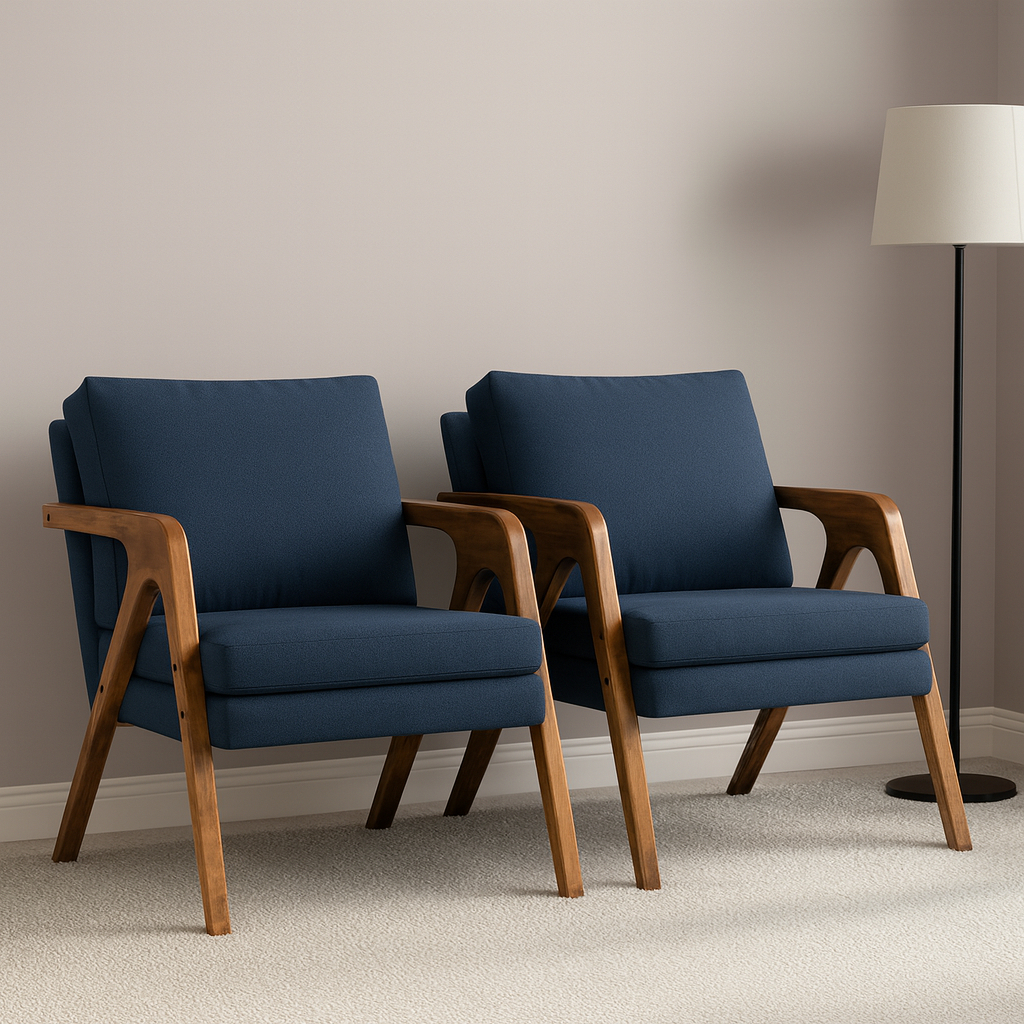 Conjunto Kit 2 Poltronas Mona Estofado Em Linho Decorativa Sofisticada Pés De Madeira Maciça Sala Estar Recepção - AV