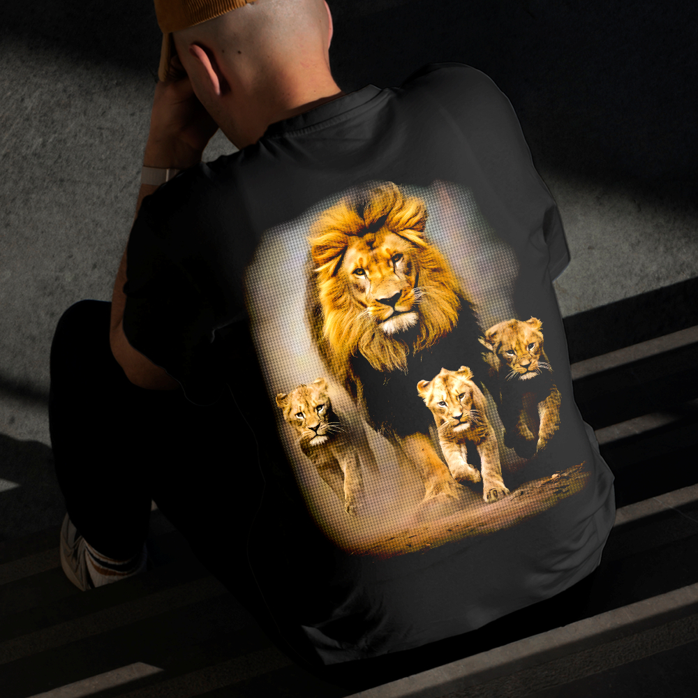 Camiseta Masculina Estampada Leão com Família 100% Algodão Estilo Conforto Diário Do Tamanho P ao GG