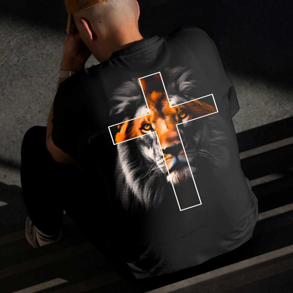 Camiseta Masculina Estampada Leão com Cruz 100% Algodão Estilo Conforto Diário Do Tamanho P ao GG