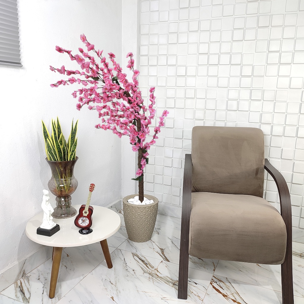 Flor Artificial Cerejeira Rosa Galho Curvo Vaso Cone Mármore Pedra