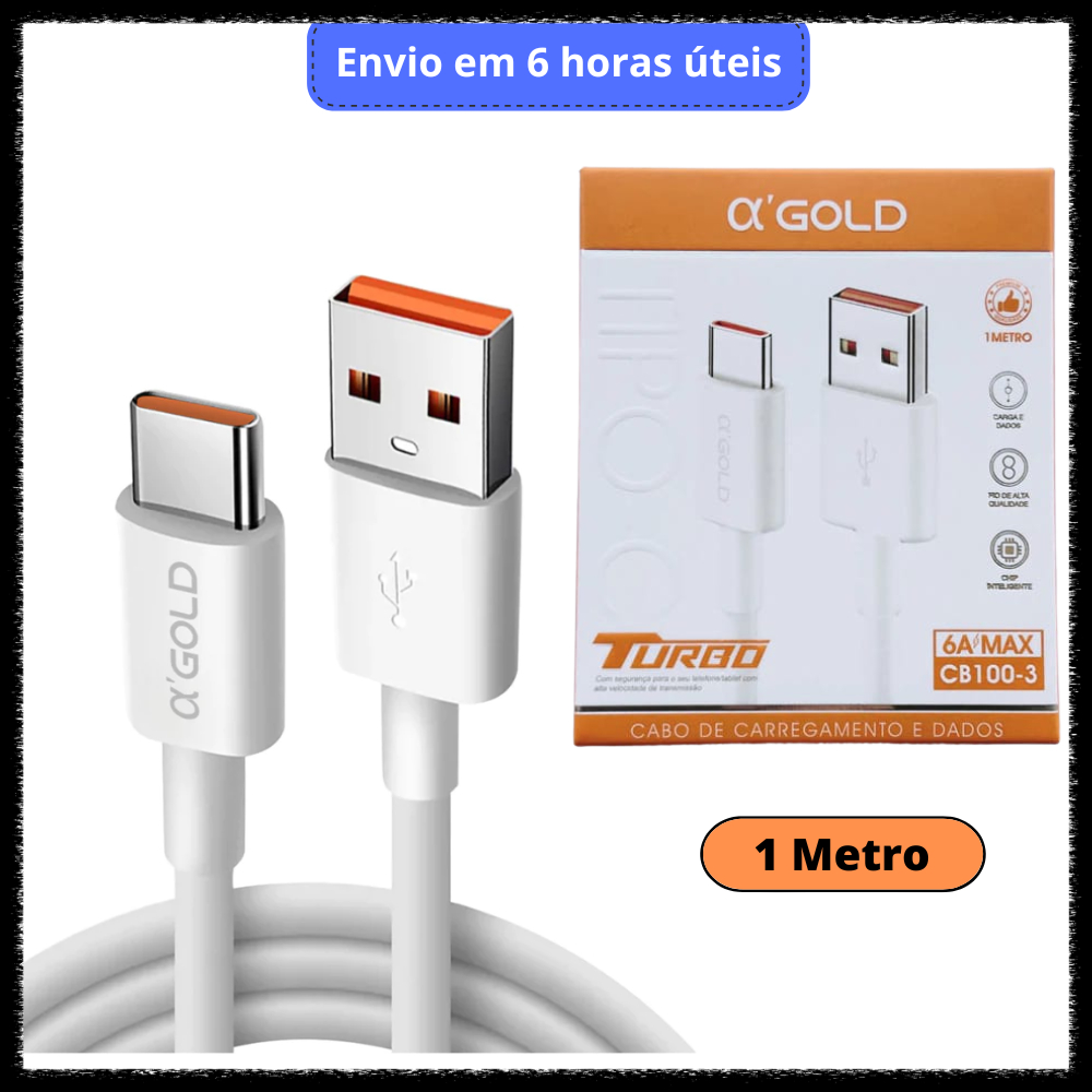 Cabo Carregador Tipo-C Turbo 6A CB100-3 Carga Rápida 1M Transferência de Dados A’Gold em Oferta na Shopee