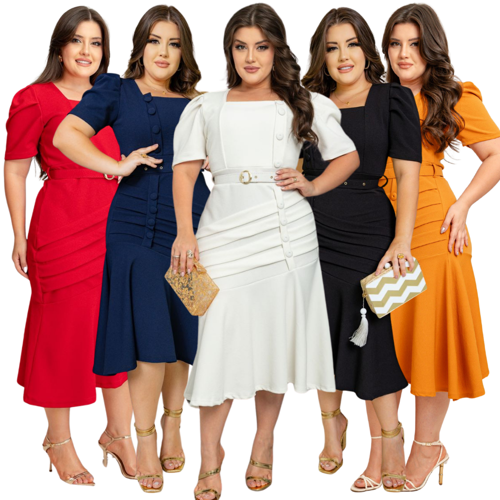🔥 _VISTA-SE COM ELEGÂNCIA E CONFORTO! 👗✨_  
_Vestido Feminino Midi Social Com Botão e Cinto Plus Size_  
✅ Design sofisticado ideal para congressos e eventos sociais  
✅ Manga curta e ajuste no cinto para um caimento perfeito  
✅ Versatilidade que combina