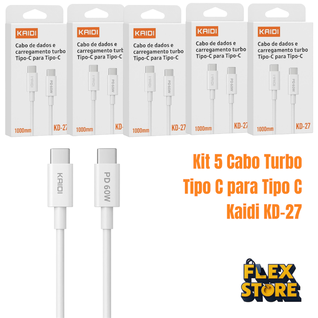 Kit 5 Cabos Kaidi KD-27 Tipo-C para Tipo-C Turbo 60W Power Delivery 1m Carregamento Rápido