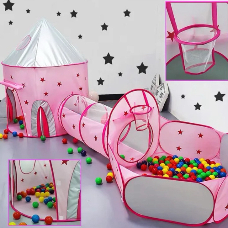 Barraca 3 em 1 Foguete Rosa com Estrelas e Toca Túnel Piscina  de Bolinhas com Cesto de Basquete em Oferta na Shopee