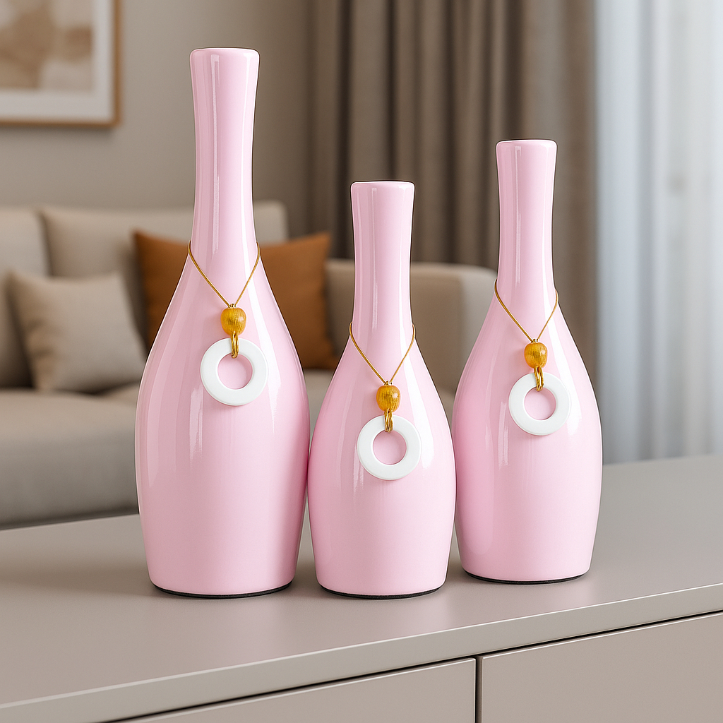 Trio de Vasos Cerâmica Garrafinhas Alice Decoração Sala Casa Rosa