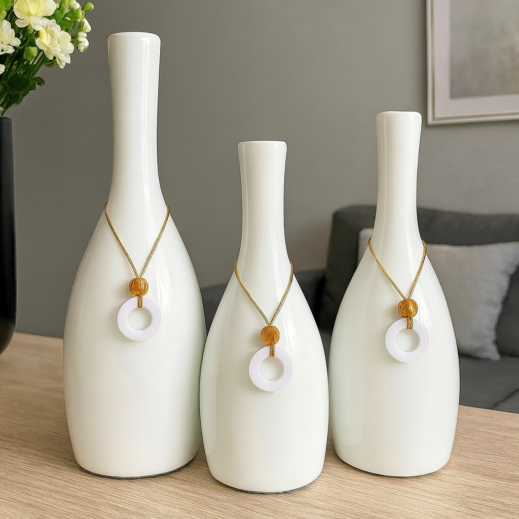 Kit Trio de Vasos Decorativos em Cerâmica Alice Branco Enfeites para Sala Decoração Casa