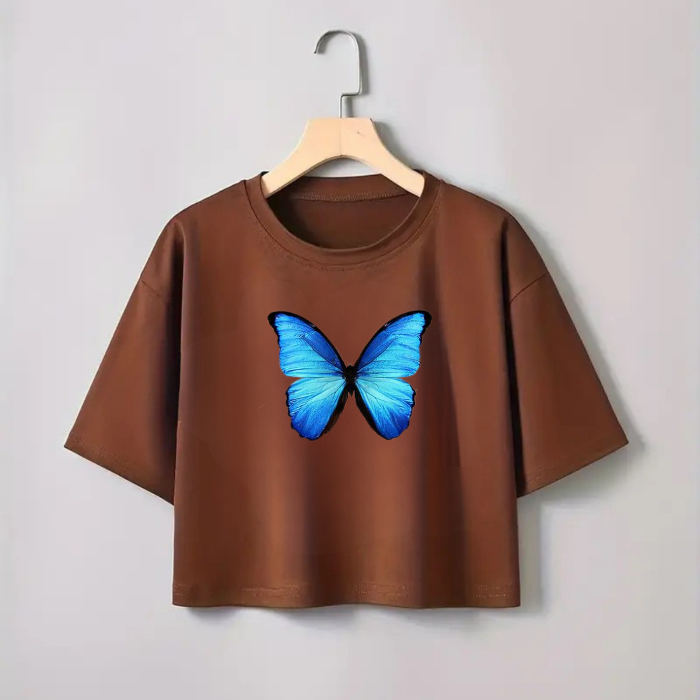 Cropped Oversized Feminino Estampa Borboleta Azul Estilo Streetwear Casual