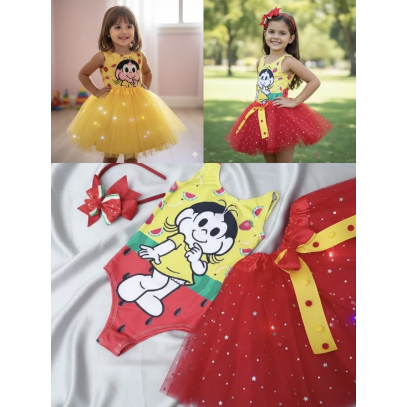 Fantasia infantil menina Magali mônica saia tule com led Body em suplex carnaval.