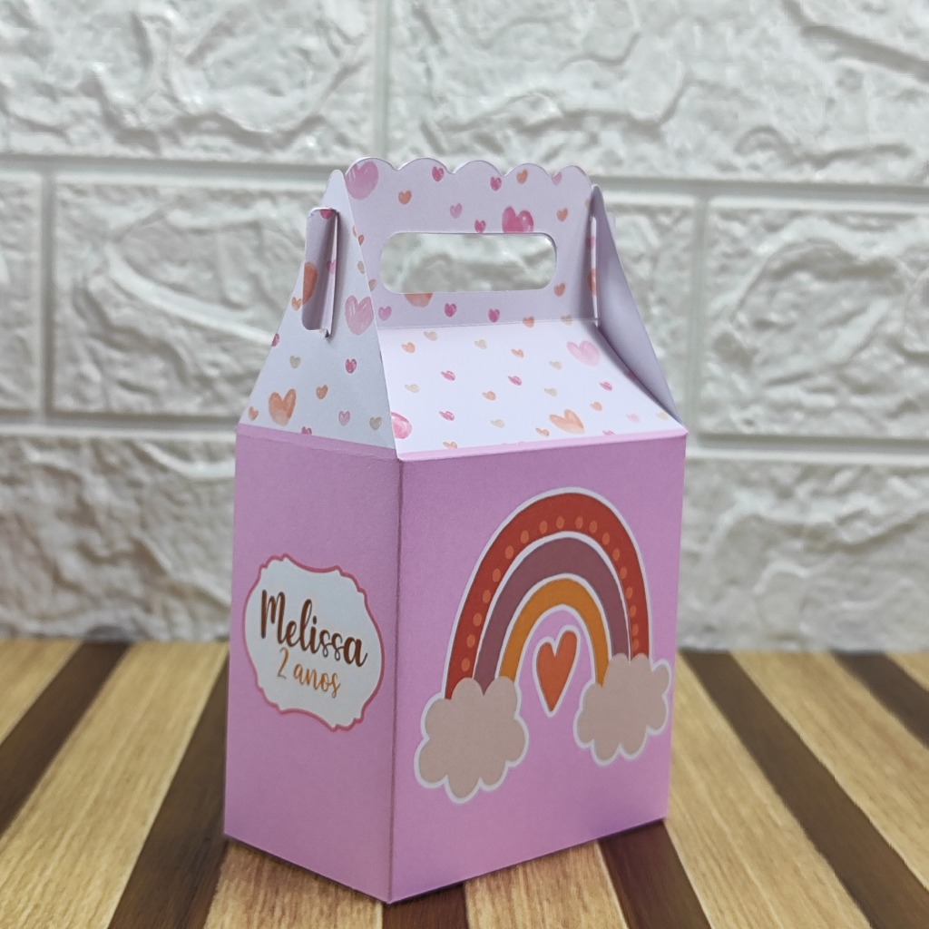 Caixa maletinha personalizada ARCO IRIS BOHO ROSA lembrancinha de festas de aniversário personalizados PEGUE E MONTE