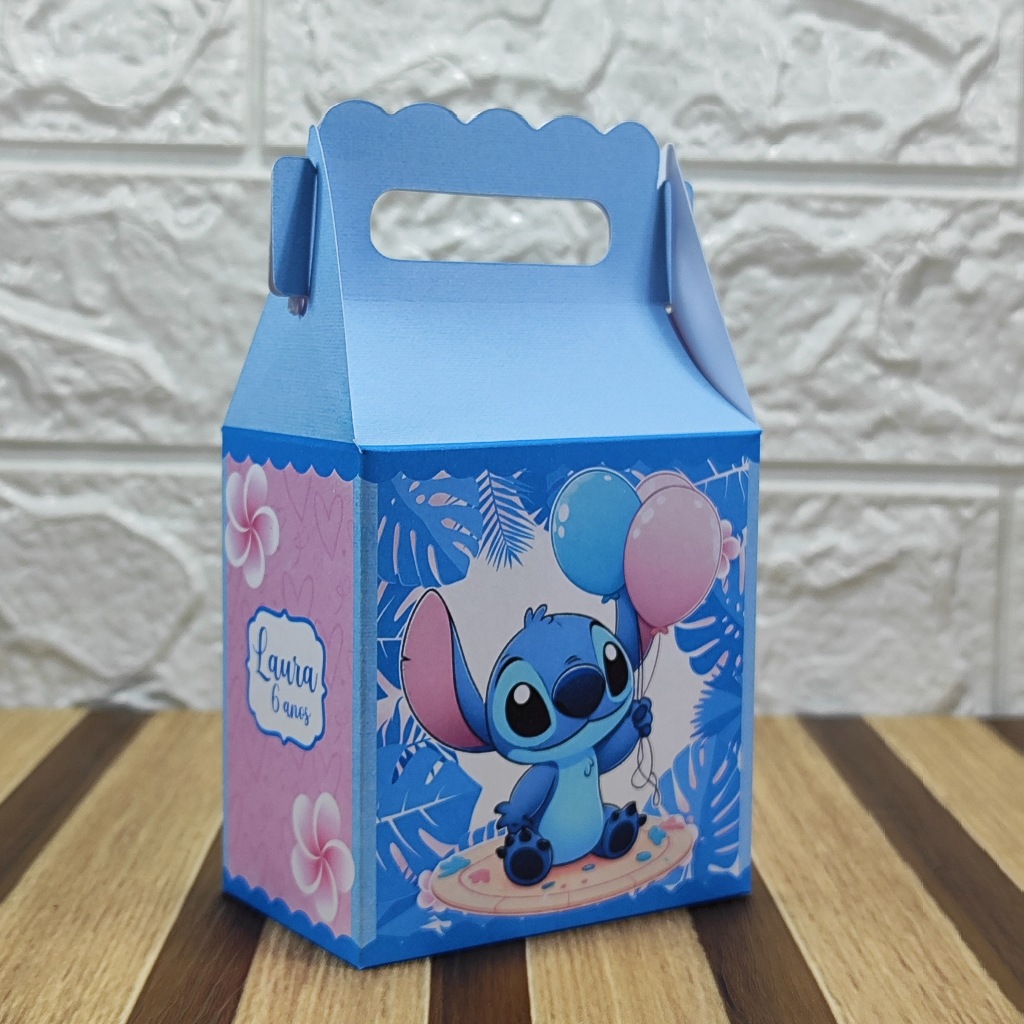 Caixa maletinha personalizada STITCH AZUL E ROSA menina lembrancinha de festa aniversário personalizados PEGUE E MONTE