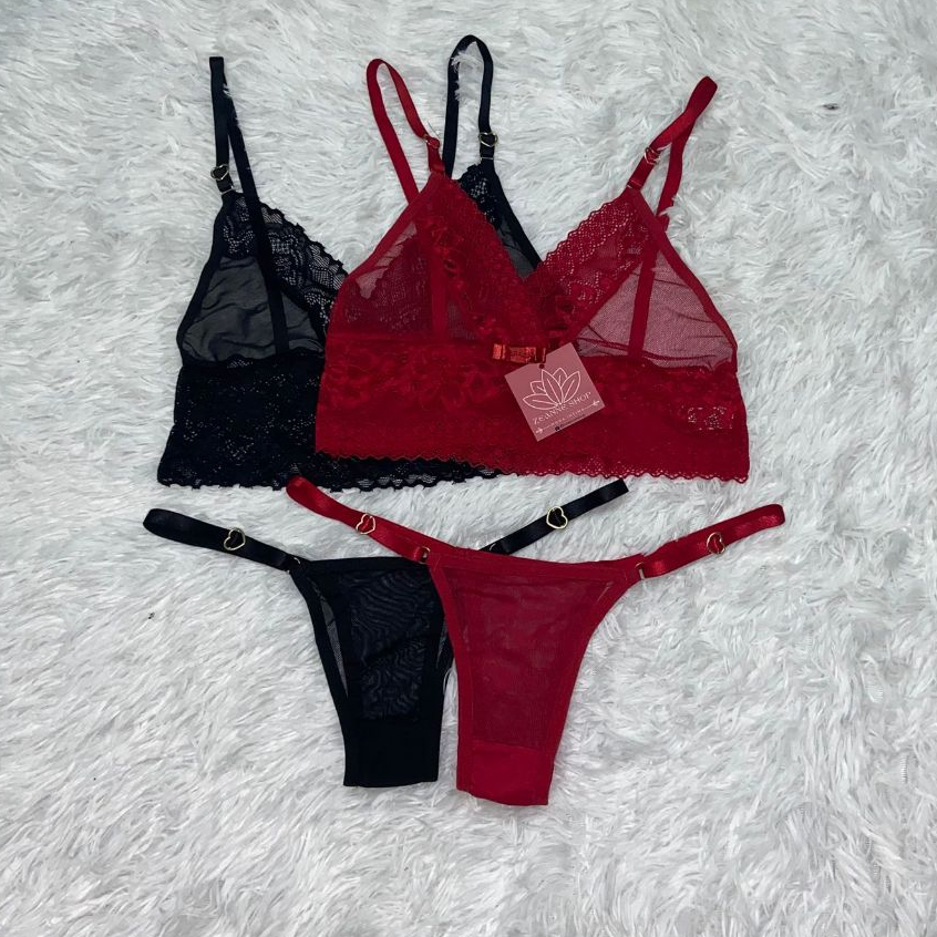 Kit 2 Conjunto de lingerie sexy de tule fio dental alça detalhe de coração delicada renda e tule em Oferta na Shopee