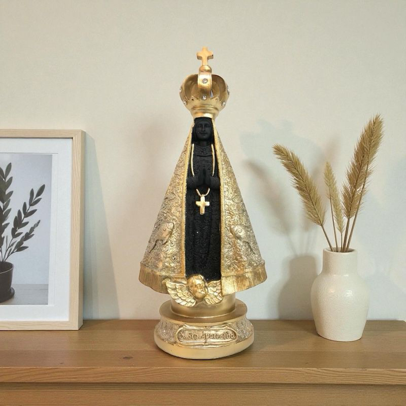 Imagem Nossa Senhora Aparecida 9 cm com Azul Detalhes dos Peixes no Manto Resina Importada Pintura a Óleo