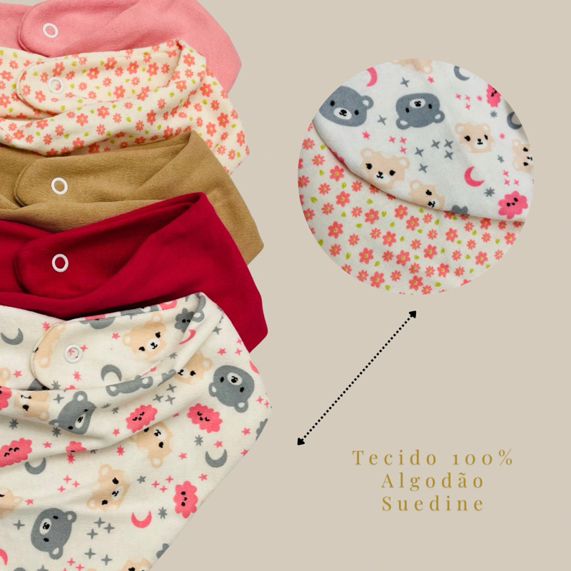 Kit 5 Babadores Bandana para Bebê Liso e Estampado Botão de Pressão 100% Algodão Confortável