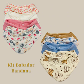 Kit com 5 Babador Bandana Bebê - Misto e Estampado Trcido Duplo Fecho de Pressão 100% Algodão em Oferta na Shopee