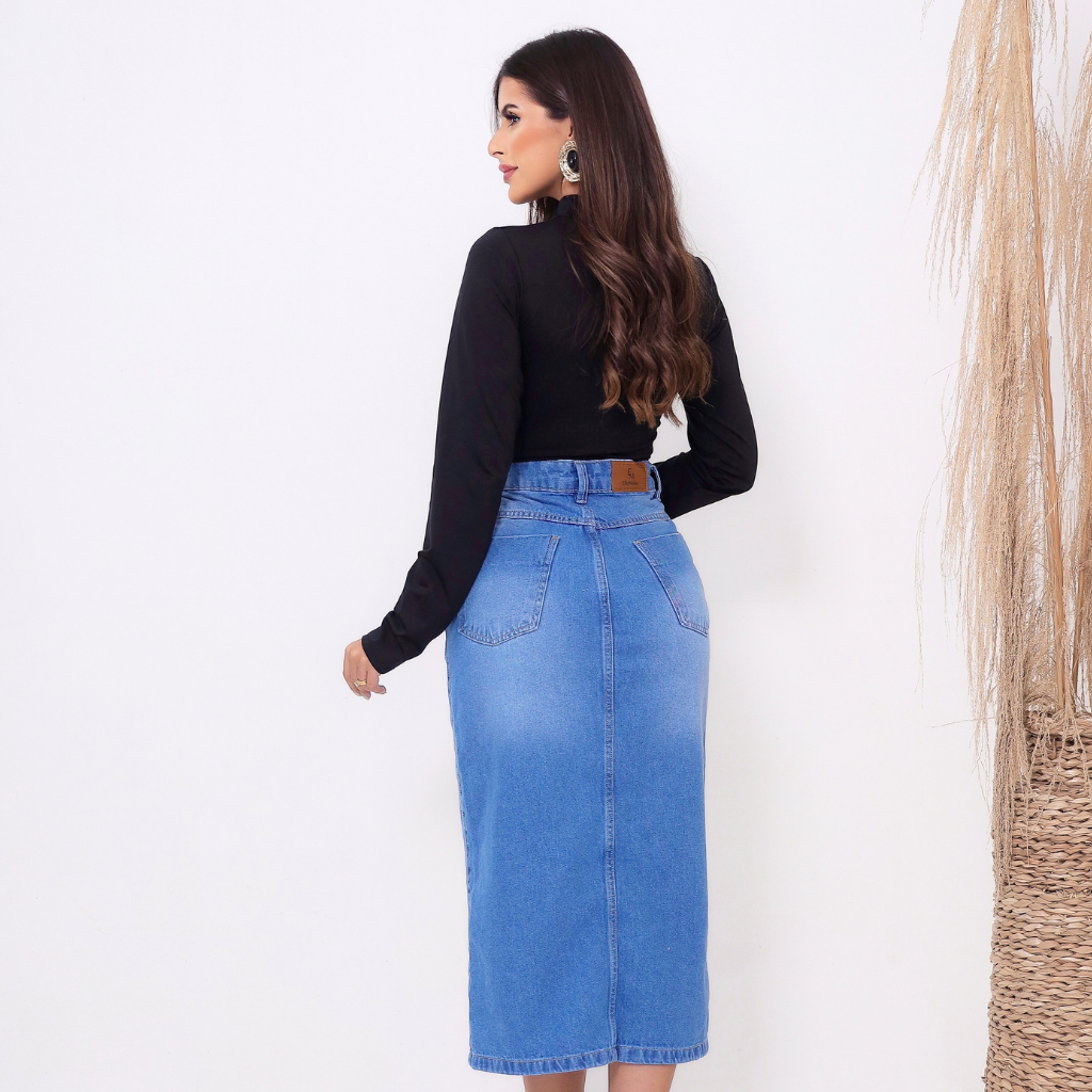 Saia Jeans Evangélica com Girassóis Bordados