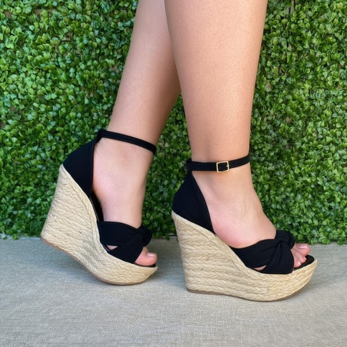 Sandália Salto Anabela Plataforma Salto com Corda Palha trança de amarração