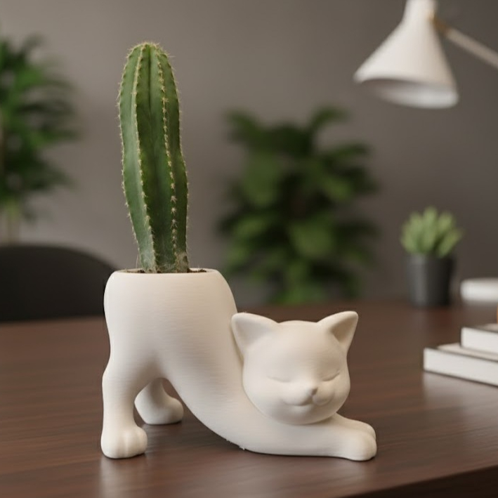 Vaso Cachepot Gatinho Espreguiçando | Para Suculenta e Cacto | Decoração Pet