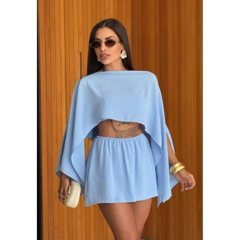 conjunto femenino 3 peças capa blusa e Short saia em Oferta na Shopee
