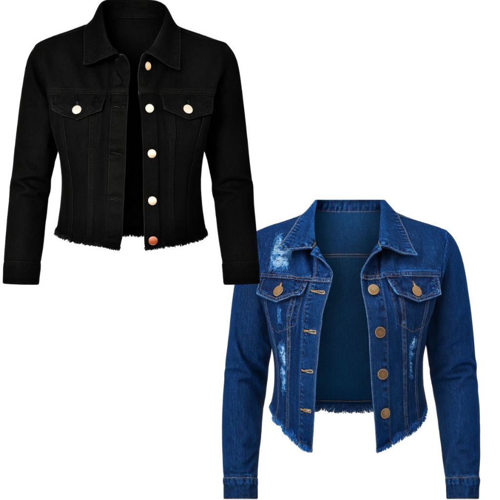 Kit 2 Jaquetas Jeans Feminina Denim Manga Longa Cores Desfiada Linha Premium