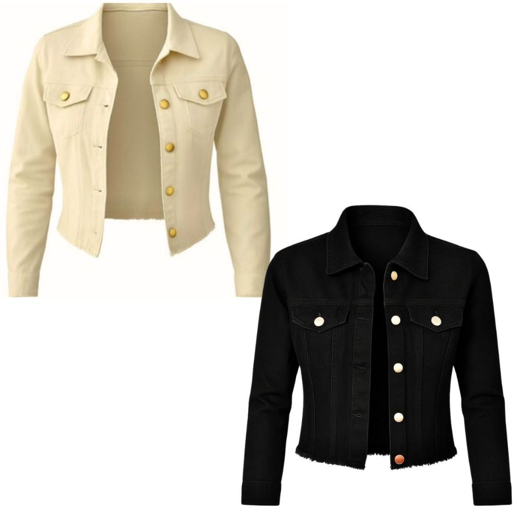 Kit 2 Jaquetas Jeans Feminina Denim Bege e Preta Manga Longa Cores Desfiada Linha Premium