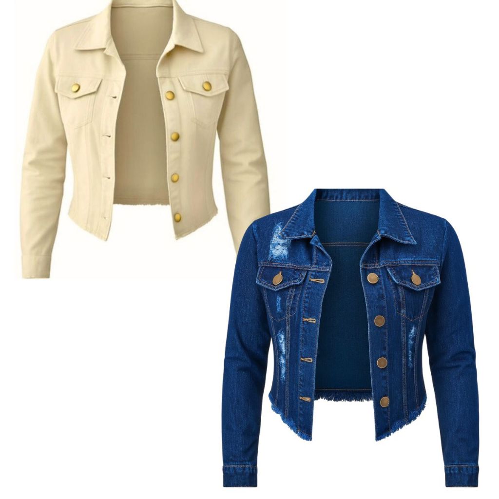 Kit 2 Jaquetas Jeans Feminina Denim Bege e Escura Manga Longa Cores Desfiada Linha Premium