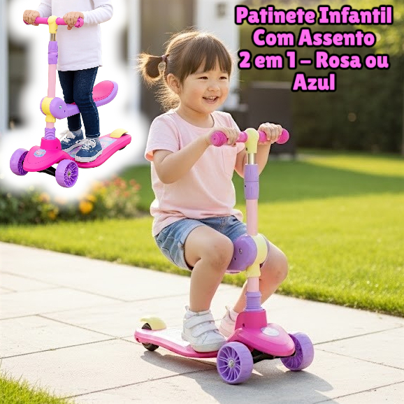 Patinete Infantil 2 em 1 Rosa Com Assento Ajustável Brinquedo Scooter Criança Estável e Confortável