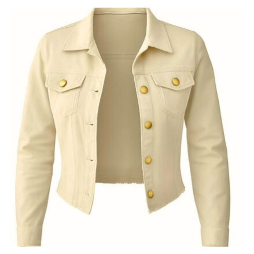 Jaqueta Jeans Feminina Denim Bege Manga Longa Desfiada Linha Premium Cores