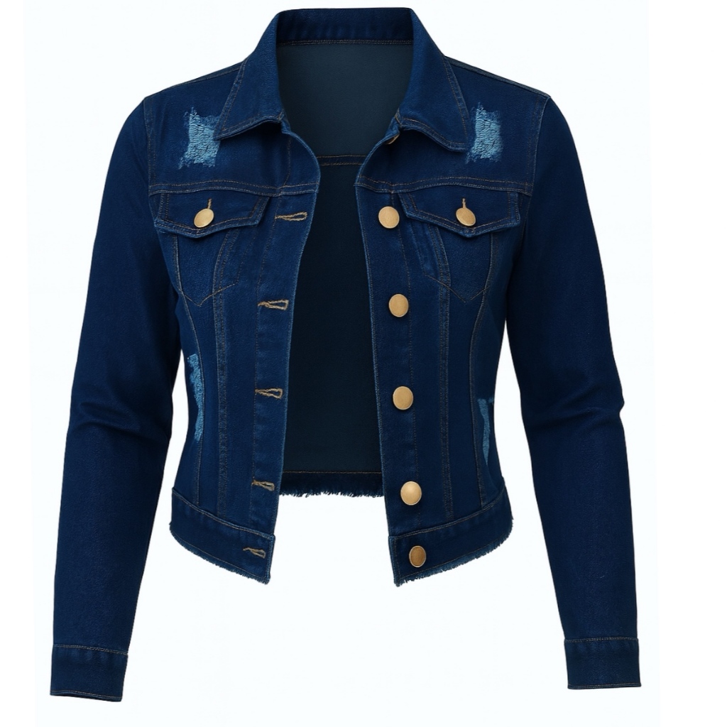 Jaqueta Jeans Feminina Denim Escura Barra Feita Manga Longa Cores Linha Premium