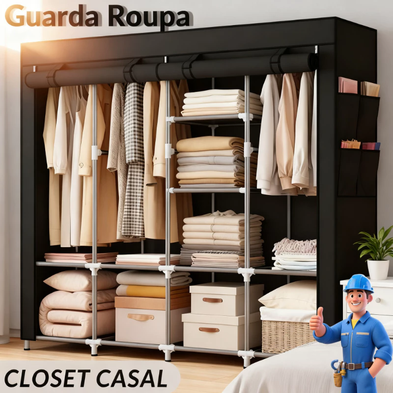 Guarda Roupa Dobrável Grande com 4 Divisórias e Cabideiro, Organizador de Roupas, Sapatos e Acessórios para Quarto​ — imagem 1