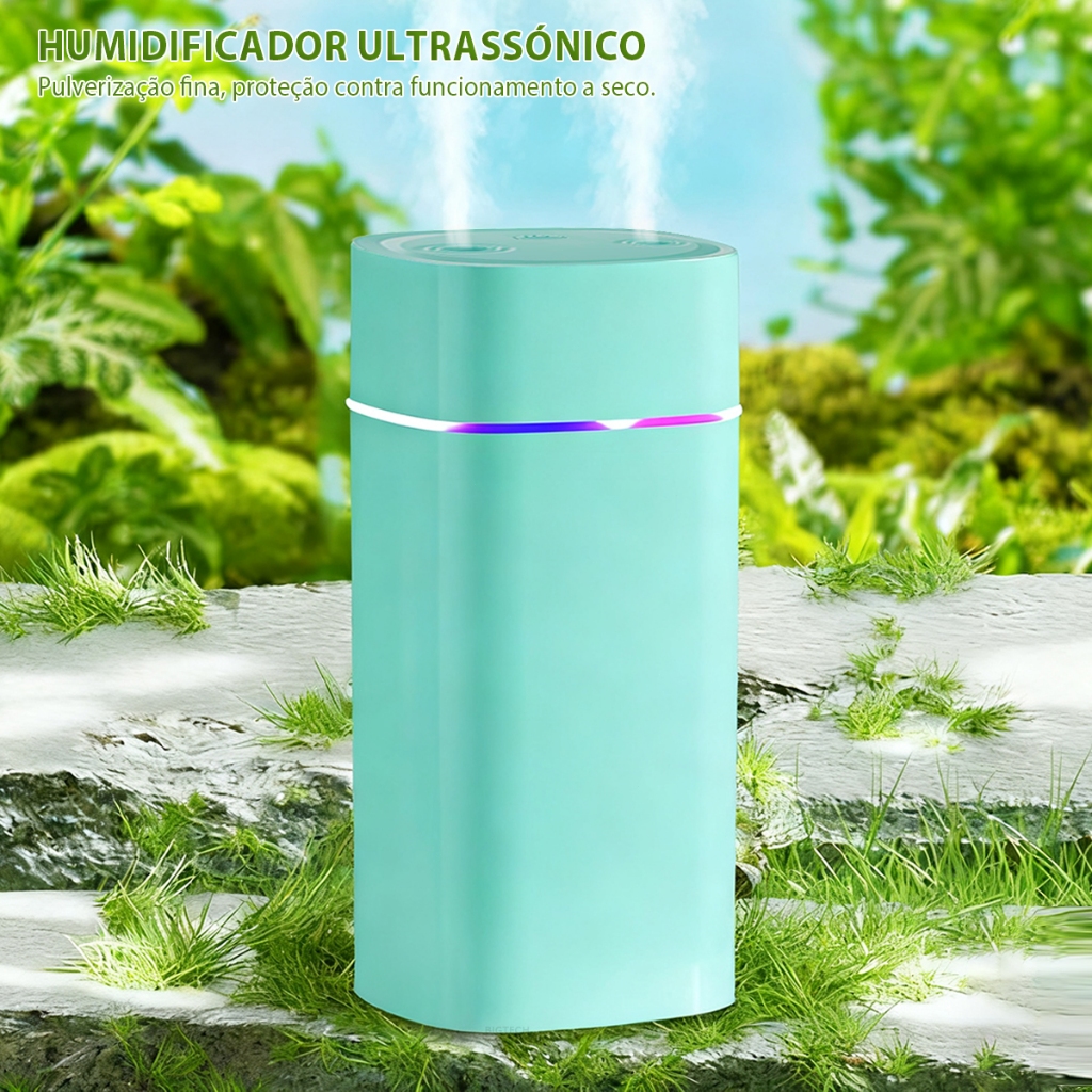 Umidificador USB Grande Com Bico Duplo 12 H Autonomia LED 7 Cores Difusor De Aromas E Proteção