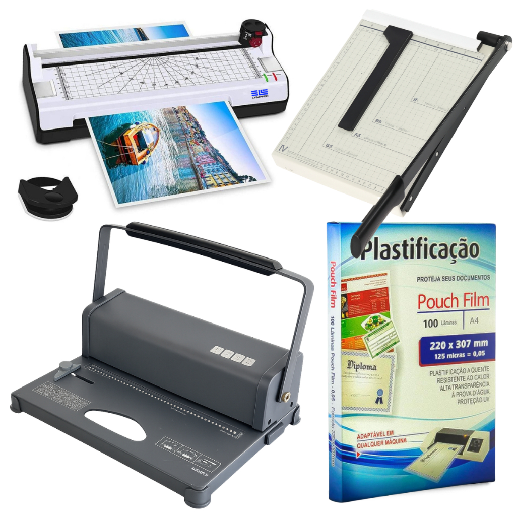 Kit Plastificadora Laminadora A4 + Polaseal A4 + Encadernadora Manual + Guihotina em Oferta na Shopee