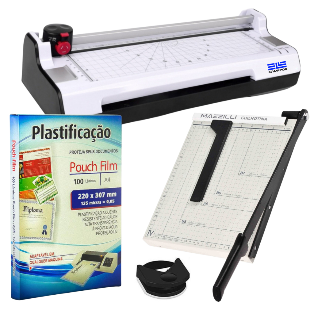 Kit Plastificadora A4  + Guilhotina A4 + 100 Plásticos Para Plastificação
