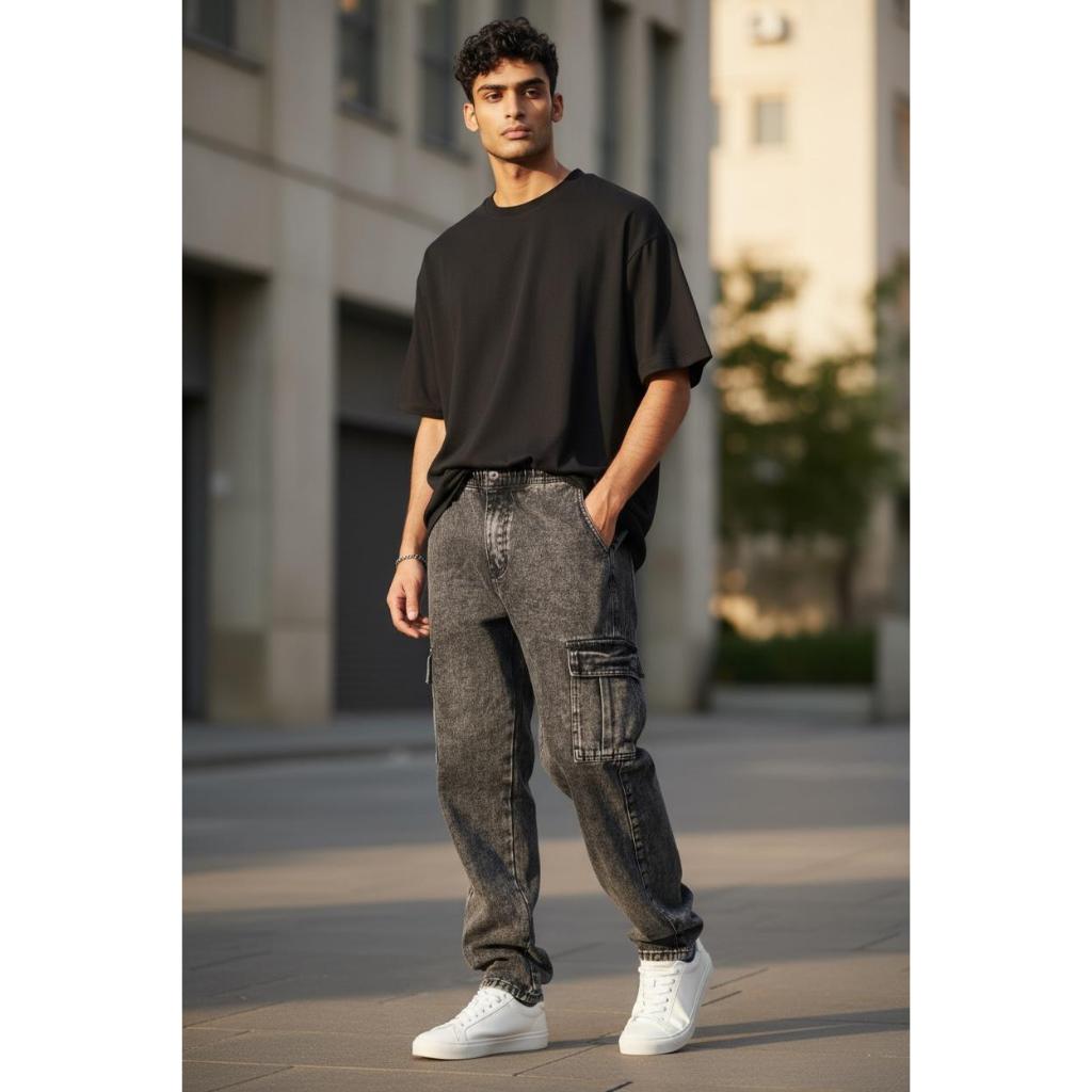 Calça Jeans Cargo Masculino Slim/Relaxed Fit – Cinza Marmorizado – Estilo Urbano”