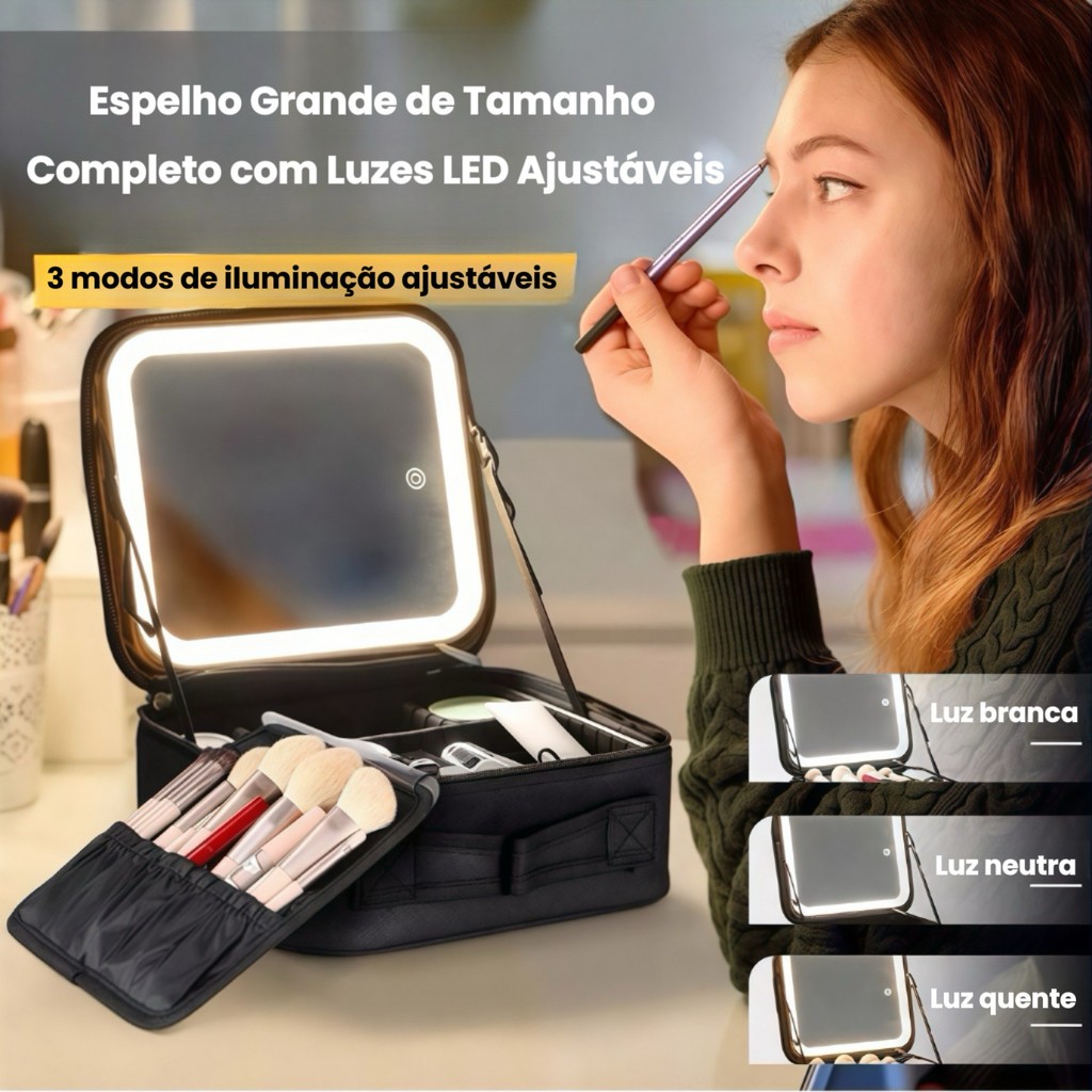 Kit Maleta Maquiagem completo Profissional Com Espelho e Luz Led e paleta de maquiagem