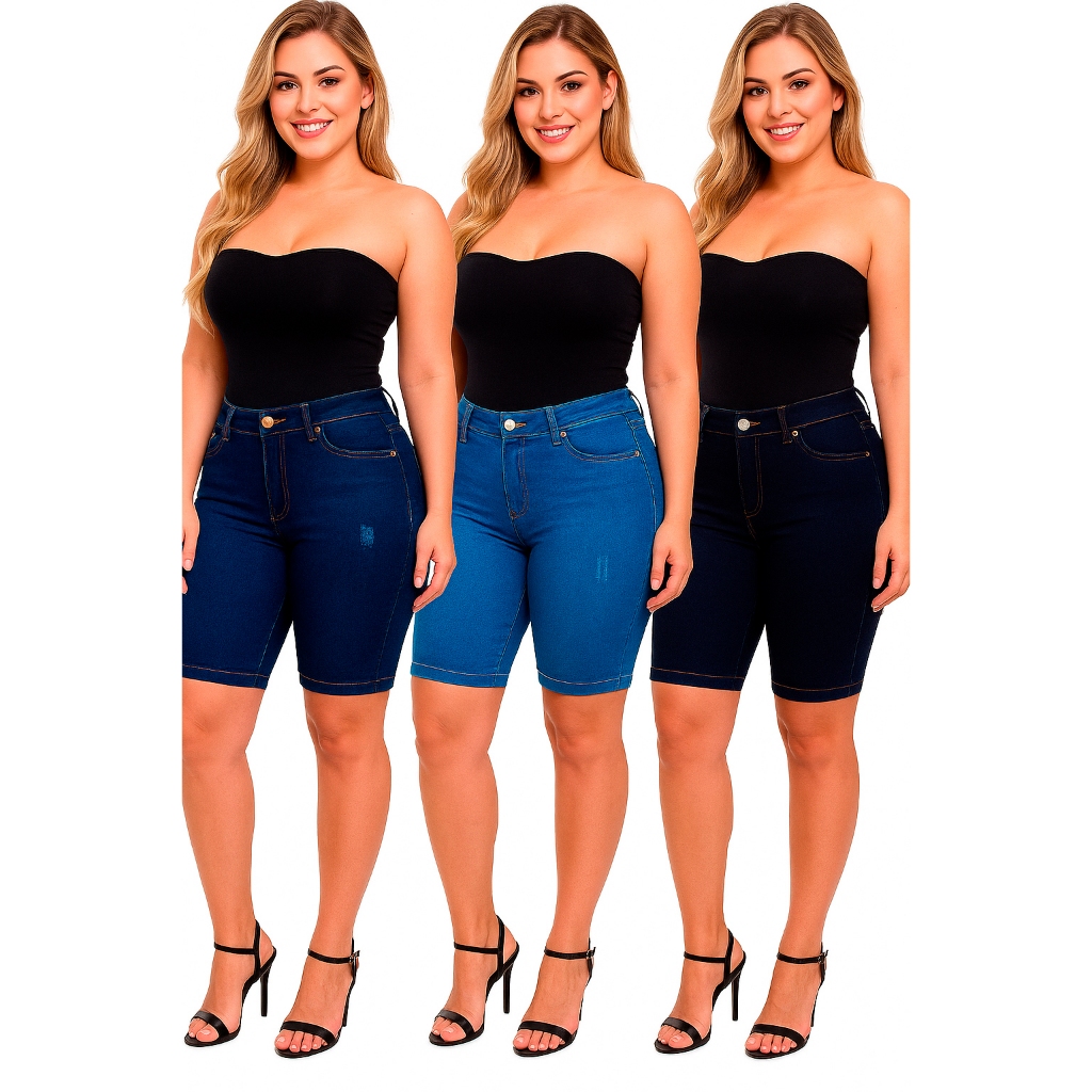 Kit 3 Bermuda Jeans Ciclista Feminina Cintura Alta com Lycra – Confortável, Até o Joelho Premium em Oferta na Shopee