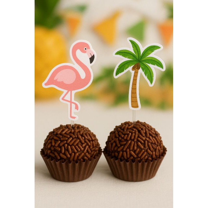 Tags Tropical para Docinhos Flamingo e Coqueiro – Topper Festa Verão, Pool Party, Tropical