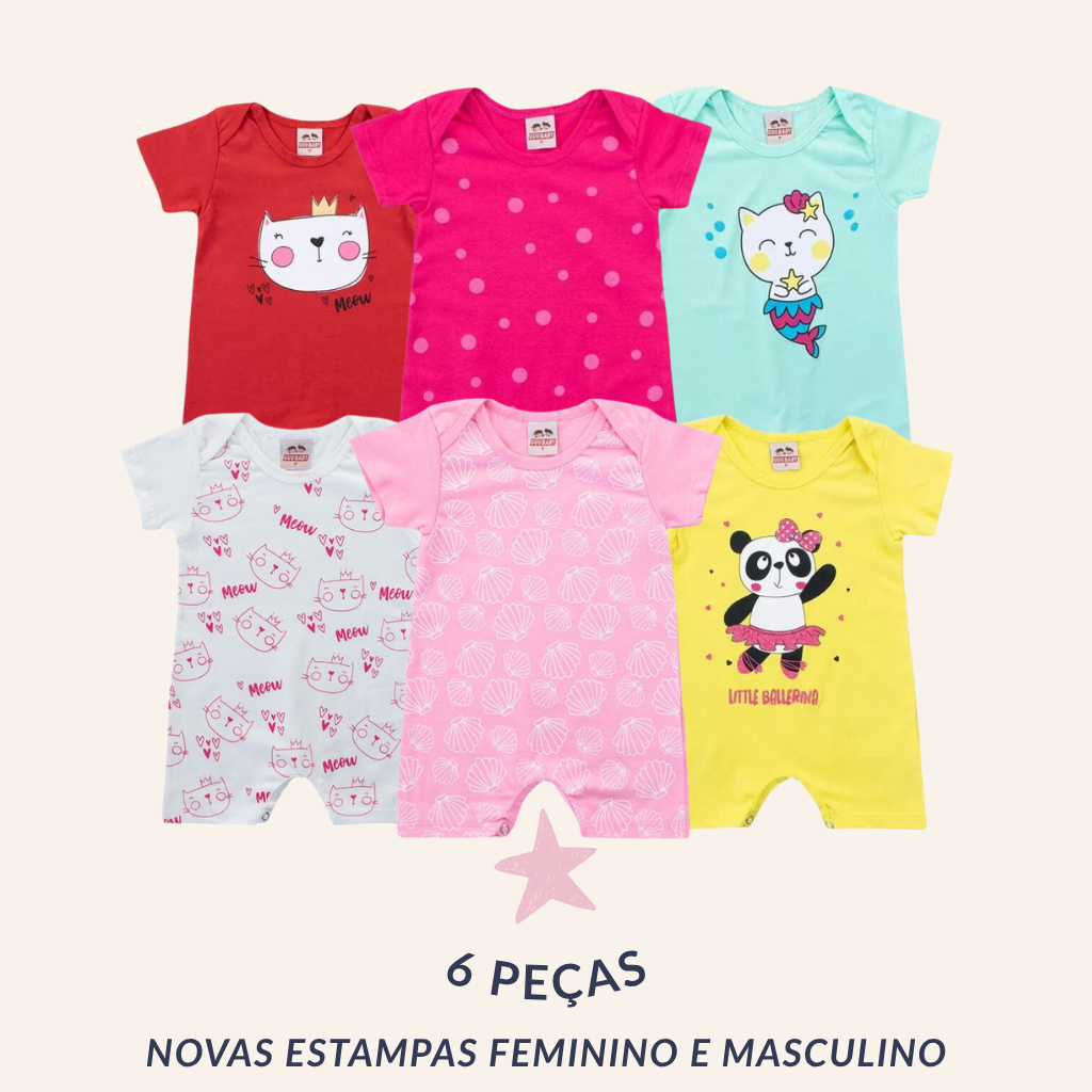 Kit 6 Macacão Bebê Curto Verão Algodão Infantil Macaquinho Menino e Menina