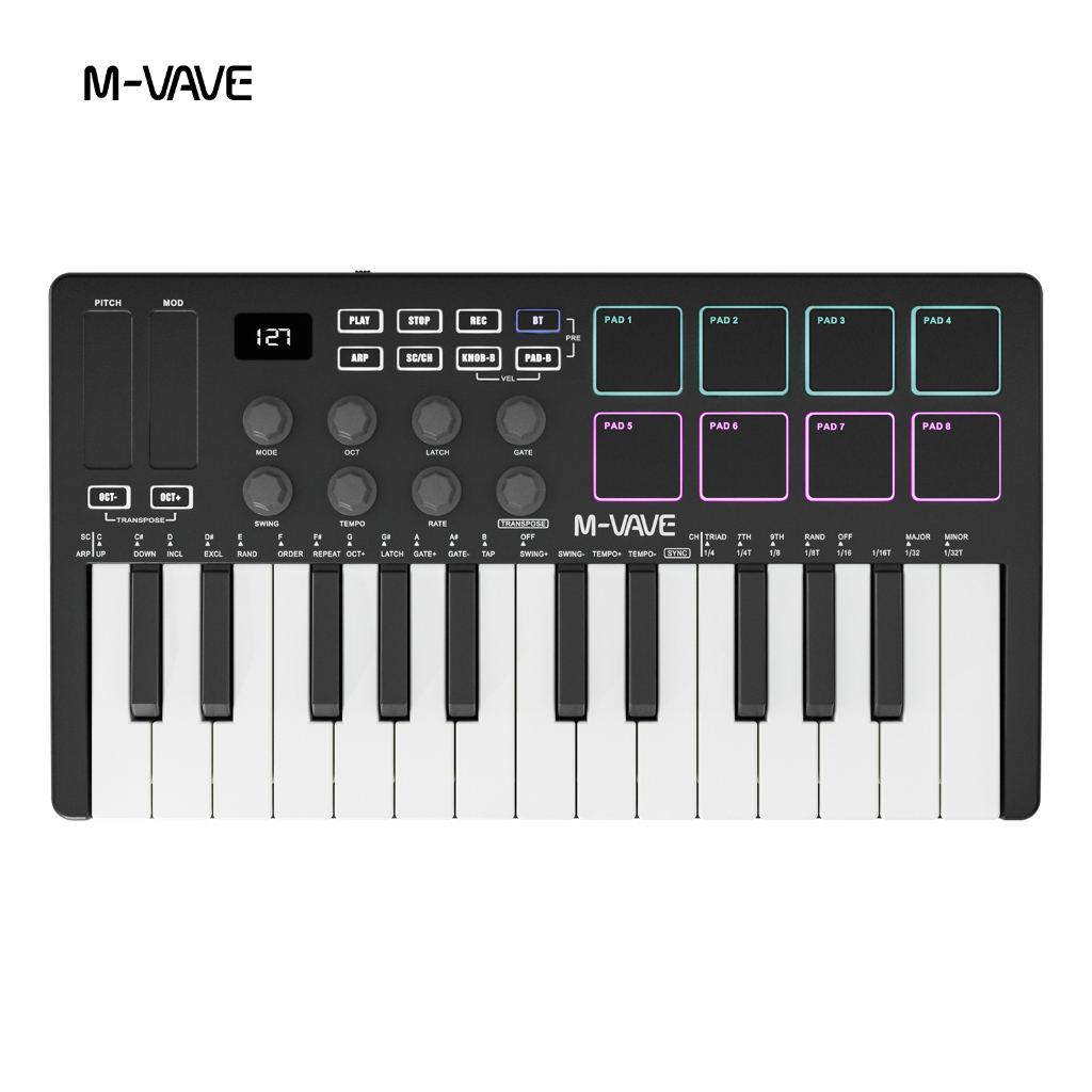 M-VAVE Teclado controlador MIDI de 25 teclas Mini teclado USB portátil Teclado MIDI Controlador de teclado 8 pads