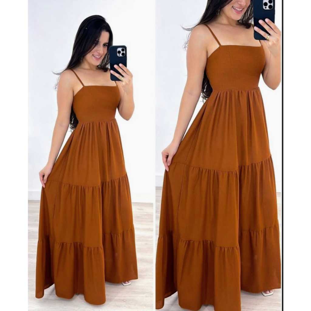 Vestido Longo babado com Alças Finas e Recorte Fluido