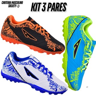 Kit 3 Chuteira Masculino Society Colada Costurada Antiderrapante Original Grama Lançamento Futebol