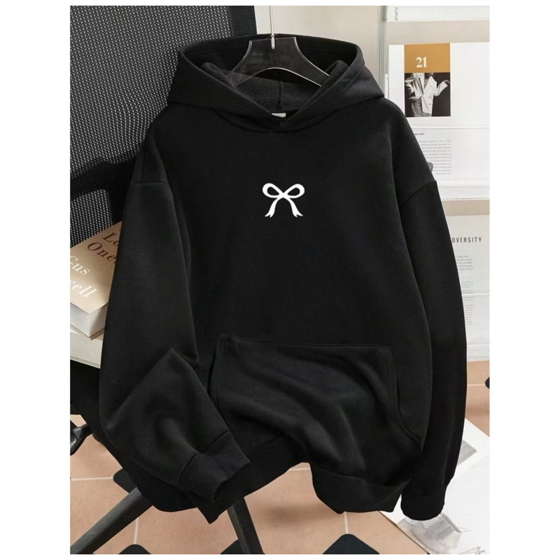 Moletom Casual com Capuz, Manga Longa, Bolso e Estampa de Laço para Mulheres em Oferta na Shopee